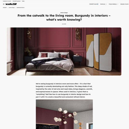 A stylish bedroom features a burgundy accent wall, modern gold and white wardrobe, grey bedding, and elegant wall mouldings, with contemporary décor elements and soft lighting.