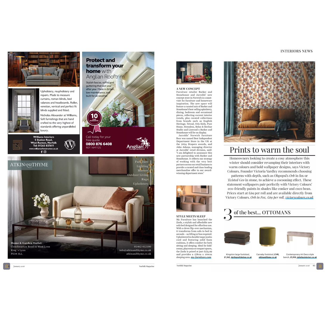 A magazine spread features home interior adverts, including sofas and décor with earthy tones, floral wallpaper, and ottoman recommendations. Text and images highlight cosy, stylish living room ideas and design tips.