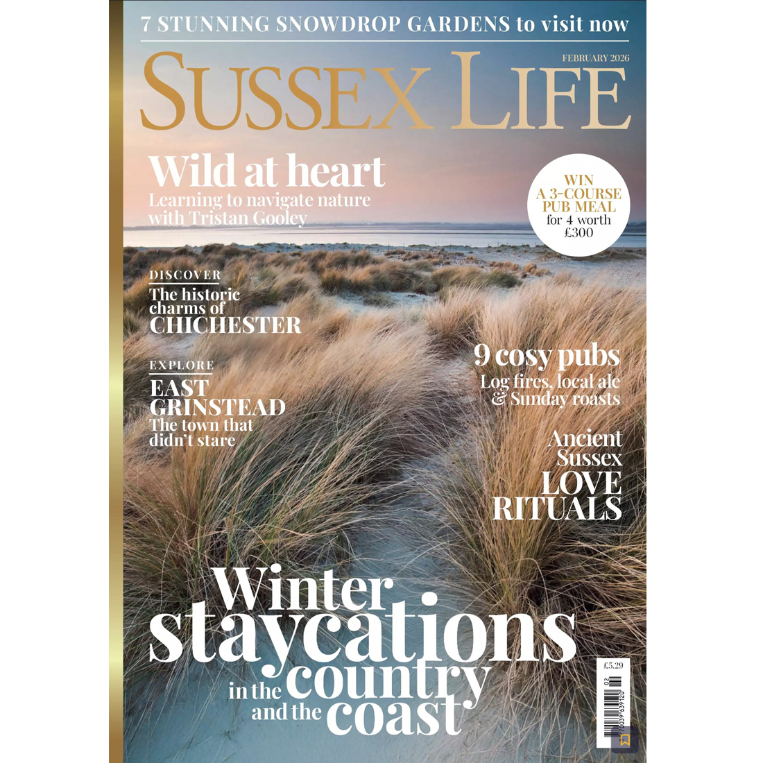 Cover of Sussex Life magazine featuring a sandy coastal landscape with tall grasses at sunset. Headlines include "Winter staycations in the country and the coast" and various articles about local attractions and dining.