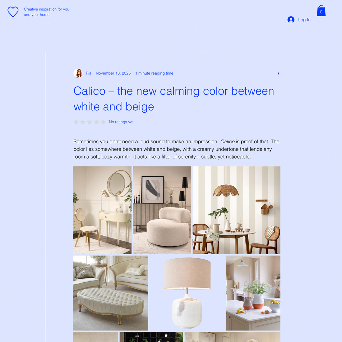 A blog post about Calico – the new calming colour between white and beige—featuring a collage of home décor in soft, neutral tones. Discover sofas, chairs, lamps, and tables styled to create a soothing atmosphere with this tranquil shade.