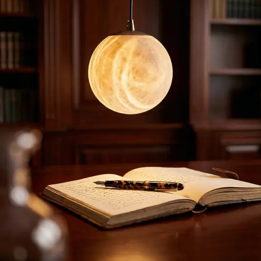 A round, glowing pendant lamp hangs above a wooden desk with an open notebook and a fountain pen. The background shows bookshelves filled with books in a cosy, dimly lit room.