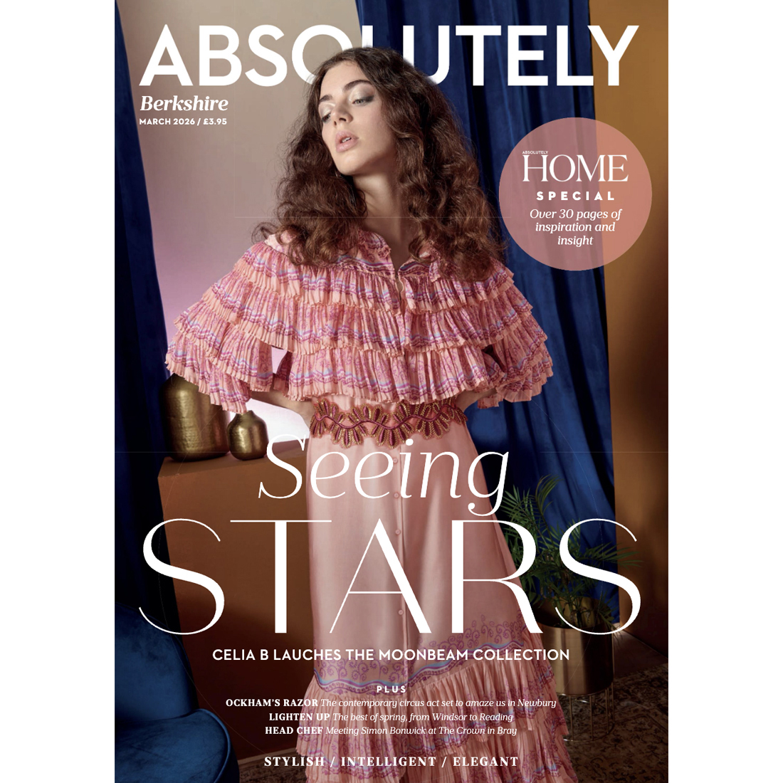 A woman in a pink frilled dress poses on the cover of Absolutely Berkshire magazine, March 2024 issue, with the headline "Seeing Stars" and "HOME Special" in a pink circle beside her.