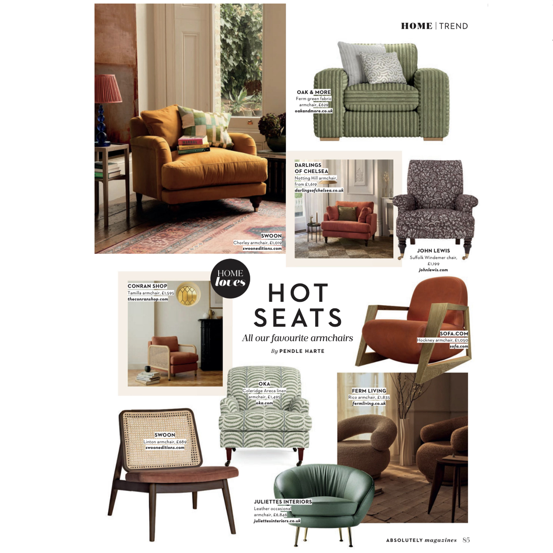 A collage of eight stylish armchairs in various colours, patterns, and materials arranged with labels and text on a white background, featured in a magazine layout titled "HOT SEATS: All our favourite armchairs.