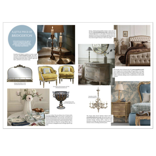 A collage of ornate, vintage-inspired furniture and decor including armchairs, a bed, a chest of drawers, a chandelier, candlesticks, a decorative urn, a mirror, and patterned crockery, with text describing each item’s style.