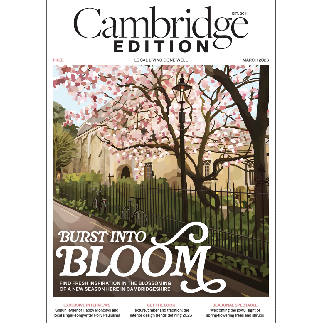 Cover of Cambridge Edition magazine featuring cherry blossom trees in full bloom over a black iron fence, with “Burst Into Bloom” written in large text. The issue is dated March 2026.