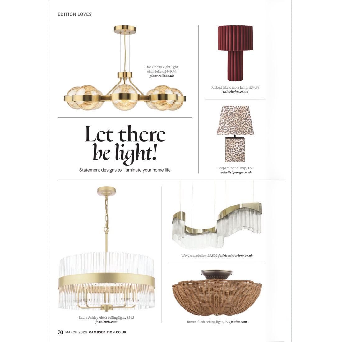 A magazine page displays six stylish light fittings, including gold, glass, rattan, and pleated designs, with product names and prices, under the headline “Let there be light!”.