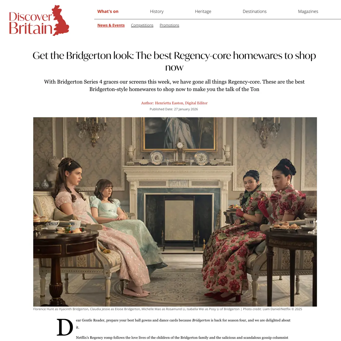 Four women in Regency-era dresses sit elegantly in a lavish, vintage-style drawing room with ornate furniture and decor, evoking the style and atmosphere of the Netflix series Bridgerton.
