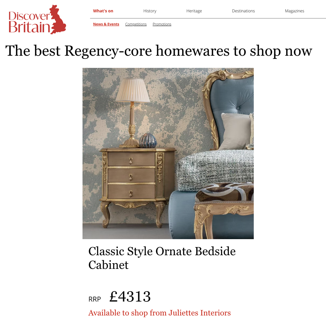 A gold-trimmed ornate bedside cupboard with three drawers is shown beside a blue upholstered bed with gold detailing, topped with a decorative lamp and set against patterned wallpaper. Price displayed is £4313.