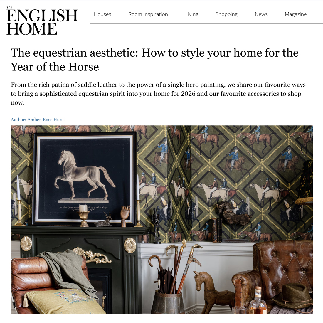 A stylish living room with equestrian-themed decor, featuring horse patterned wallpaper, a large painting of a white horse above a black fireplace, and various horse figurines on the mantelpiece and floor.