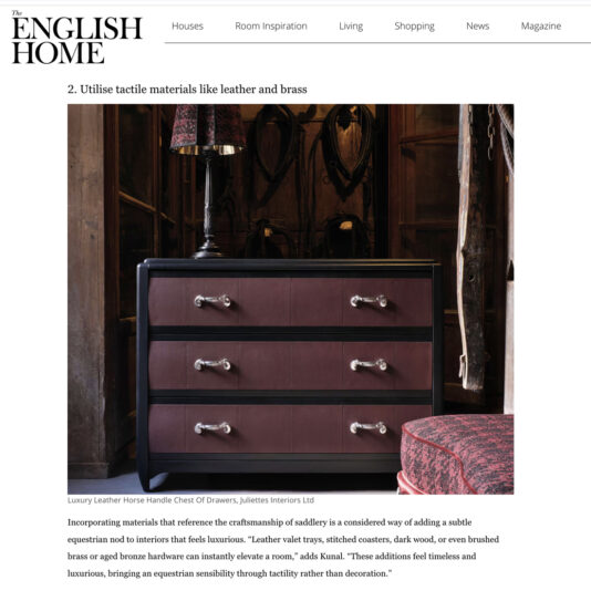 A dark wood chest of drawers with shiny silver horse head handles stands on a patterned rug, with books and a lamp in the background in a cosy, traditionally styled room.