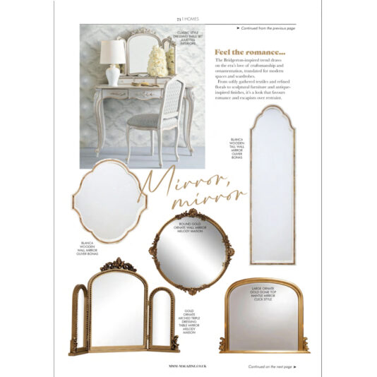 A magazine page displays five elegant mirrors with ornate gold and silver frames, styled around a classic white dressing table and chair with a floral arrangement. Text overlays read: "Mirror, mirror" and product descriptions.