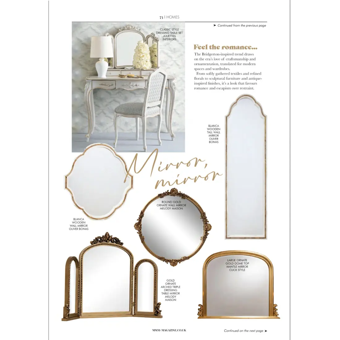 A magazine page displays five elegant mirrors with ornate gold and silver frames, styled around a classic white dressing table and chair with a floral arrangement. Text overlays read: "Mirror, mirror" and product descriptions.