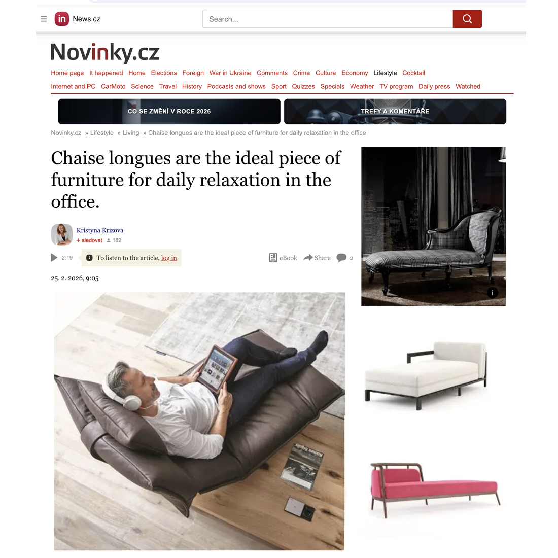 A man wearing headphones relaxes on a brown chaise longue with a tablet and drink in a modern living space; three additional chaise longue designs are shown on the right.
