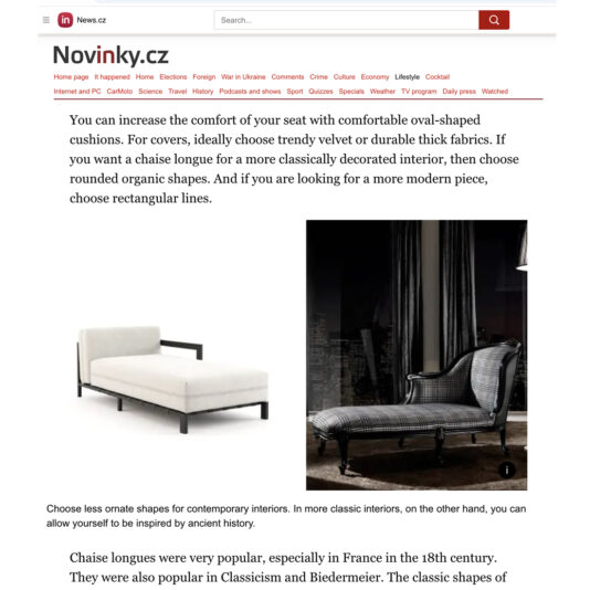 A web page features two chaise longues; one is rectangular and white with black legs, while the other is dark with curved lines and patterned upholstery, illustrating different design styles. Text and article title are visible above the images.