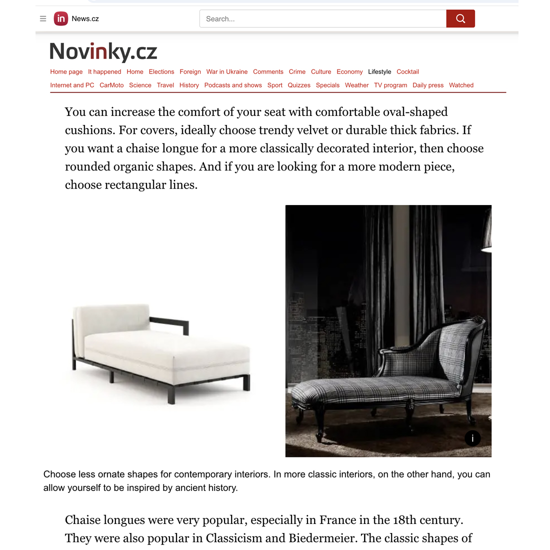 A web page features two chaise longues; one is rectangular and white with black legs, while the other is dark with curved lines and patterned upholstery, illustrating different design styles. Text and article title are visible above the images.