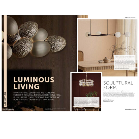 A magazine layout features sculptural lighting fittings: a close-up of textured metallic lights, a contemporary dining room with a modern chandelier, and a dark dining area with a crystal pendant. Text highlights "Luminous Living" and "Sculptural Form.