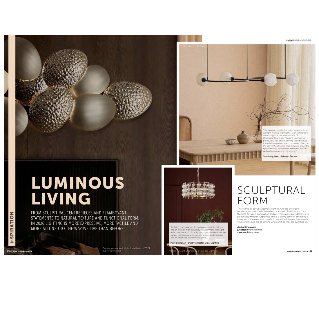 A magazine layout features sculptural lighting fittings: a close-up of textured metallic lights, a contemporary dining room with a modern chandelier, and a dark dining area with a crystal pendant. Text highlights "Luminous Living" and "Sculptural Form.
