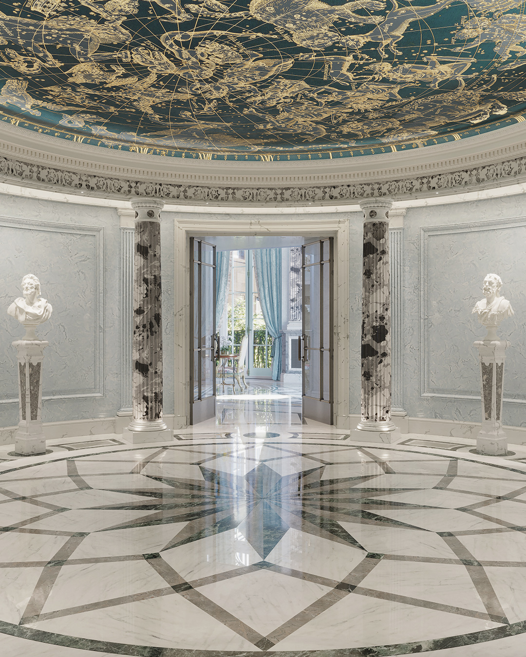 Elegant marble foyer in 1 Mayfair with a star-patterned floor, classical busts on pedestals, ornate columns, and a domed ceiling featuring a gold constellation design. Double doors open to a sunlit room with light blue curtains.