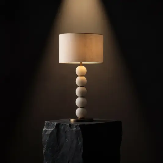 Elegant 5-Globe Tiered Table Lamp providing ambient lighting on a minimalist wooden side table.