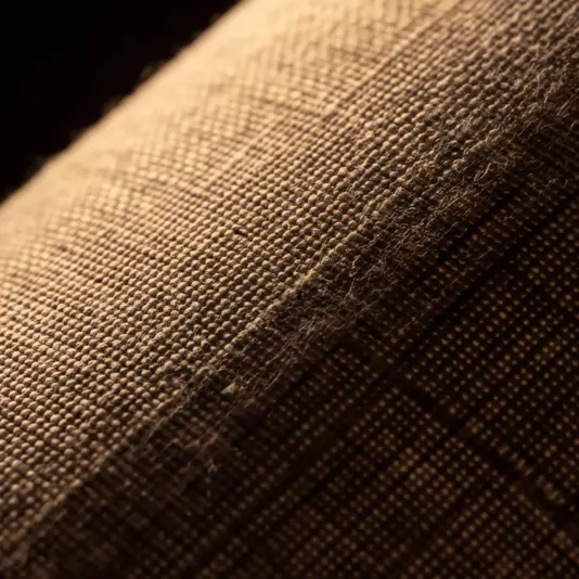 Luxury Concave Table Lamp Close-up of a textured brown fabric, showing detailed woven fibres and a visible seam with frayed edges, highlighted by warm lighting.