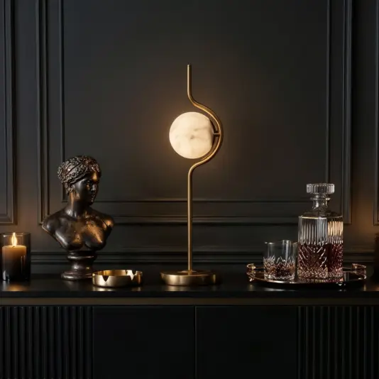 Modern table lamp featuring a sculptural curved disc design for unique ambient lighting.