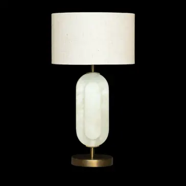 Modern Step Table Lamp The Opal Elipse Step Table Lamp has a cylindrical off-white fabric shade, an oval frosted glass base, and a round brass stand on a black background.