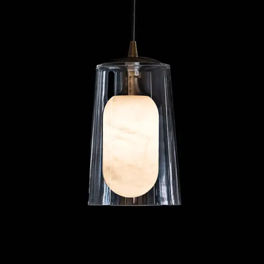 Alabaster Glass Tapered Pendant Light in Antique Brass
