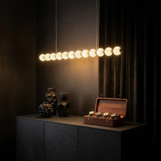 Luxury Globe Bar Linear Pendant Light Close-up of 8cm Alabaster Globes on an Antique Brass Linear Bar Pendant
