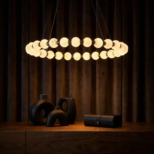 Large Alabaster Globe D80 cm Ring Pendant installed in a Luxury Master Bedroom