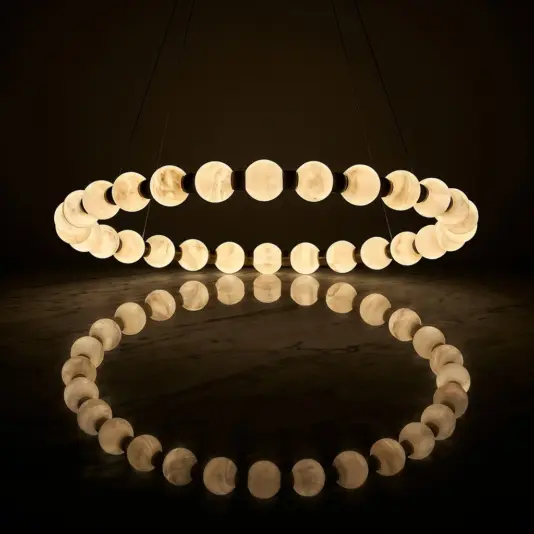Close-up of 7cm Alabaster Stone Globes on a D80 cm Ring Pendant Frame