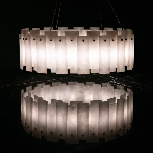 Elegant Circular Stone Pendant Light Side Profile of the Contemporary Alabaster Stone Ring Pendant showcasing the Linear Panel Design