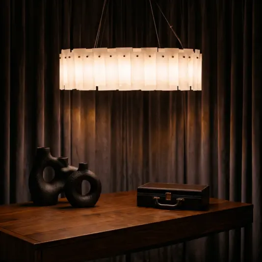 Elegant Circular Stone Pendant Light Contemporary Alabaster Panel Ring Pendant installed in a Modern Minimalist Dining Area