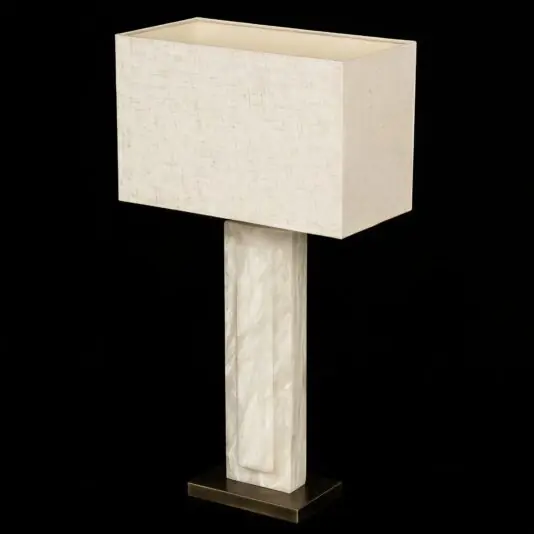 The Opal Rectangle Step Table Lamp showcases a modern style with a cream-coloured fabric shade and a marble-effect rectangular base, contrasted by a sleek black background.
