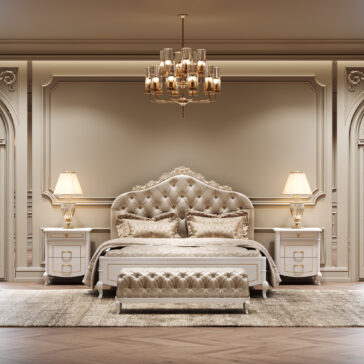 Elegant bedroom featuring a tufted upholstered bed, ornate headboard, matching bench, Classic Style Lacquered Bedside Cabinets with gold lamps, plush rug, and gold chandelier—all in a refined beige and gold palette.