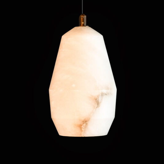 The Natural Stone Globe Pendant Light (Copy) features a smooth, white marble-like shade with subtle brown veining, suspended elegantly against a solid black background.