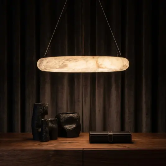 Antique Brass Alabaster Ring D79 cm Pendant installed in a Dining Room