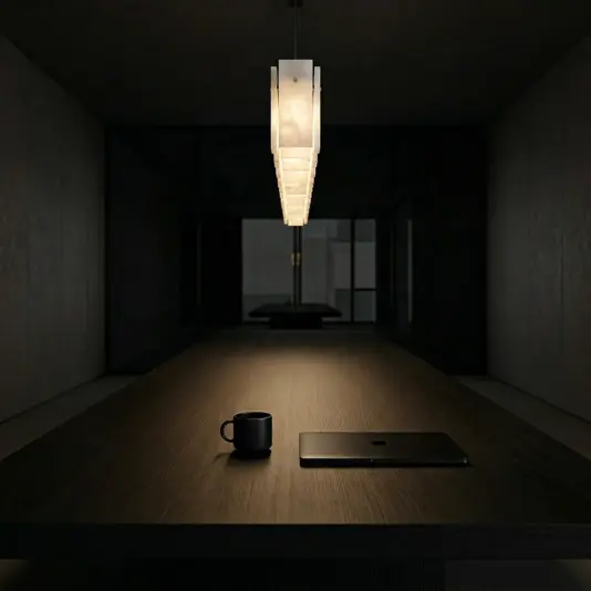 Linear Stone Panel Bar Pendant Light Side Profile of the Horizontal Alabaster Stone Panel Bar Pendant showcasing the Slim Design