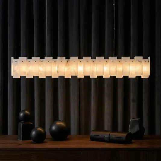 Linear Stone Panel Bar Pendant Light Linear Alabaster Panel Bar Pendant installed over a Contemporary Dining Table