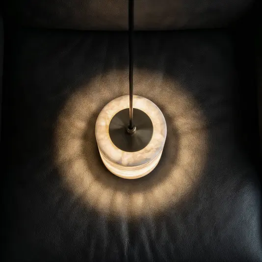 Luxury Stone Cylinder Light Hand-carved natural stone detail of the Alabaster Cylinder Pendant