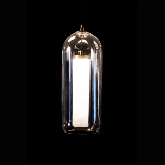 Luxury Alabaster Glass Cylinder Dome Pendant Light with Antique Brass Detail