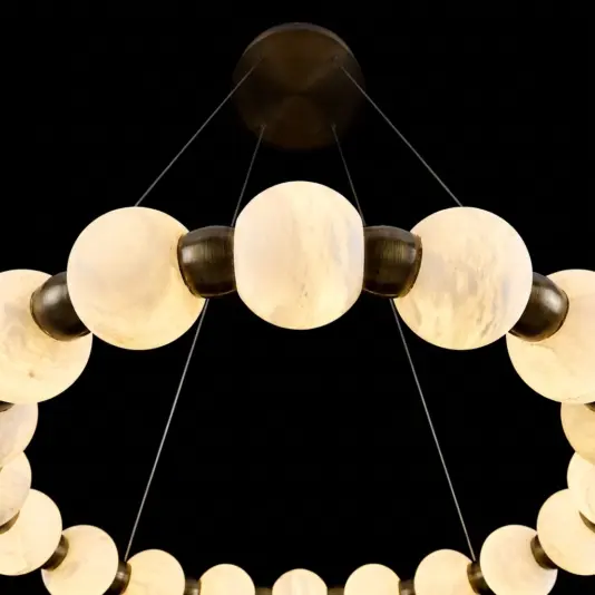 Close-up of 7cm Alabaster Globes on an Antique Brass Ring Pendant Frame