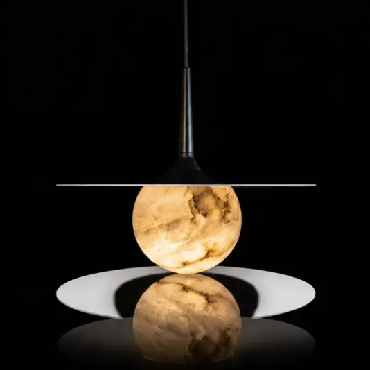 Sophisticated Spun Metal Pendant Light Close-up of natural stone in Alabaster Spun Metal Pendant Black