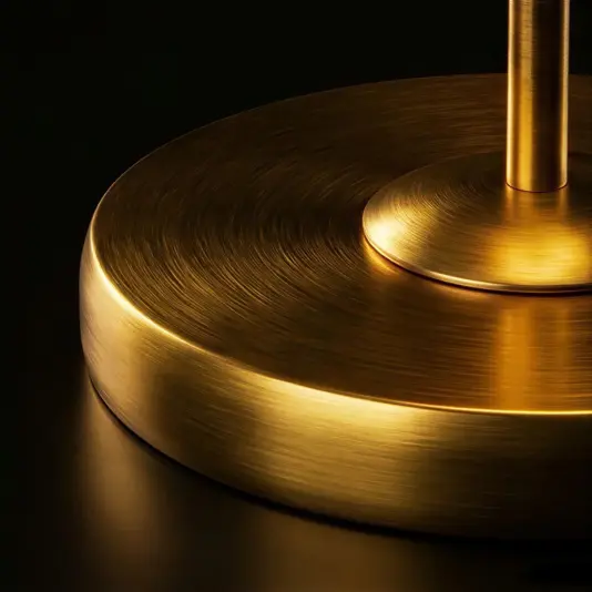 Close-up of the Modern Curve Disc Table Lamp’s metallic gold circular base, shown against a dark background. The lighting accentuates its smooth, reflective surface and striking radial metal pattern.