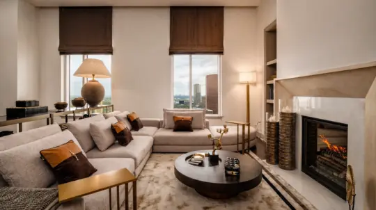 A modern living room with beige sofas, brown accent cushions, a round coffee table, a fireplace, tall windows with brown Roman blinds, and city buildings visible outside. Neutral tones and gold decor create a warm, elegant atmosphere.