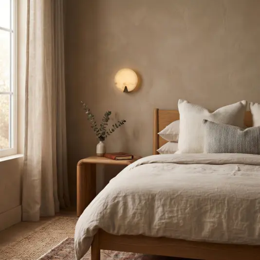 Modern Alabaster Round Wall Light The Modern Round Wall Light features a glowing, marble-like design with a warm yellow hue, contrasted against a black background and accented by a small black triangular shape at the lower edge.