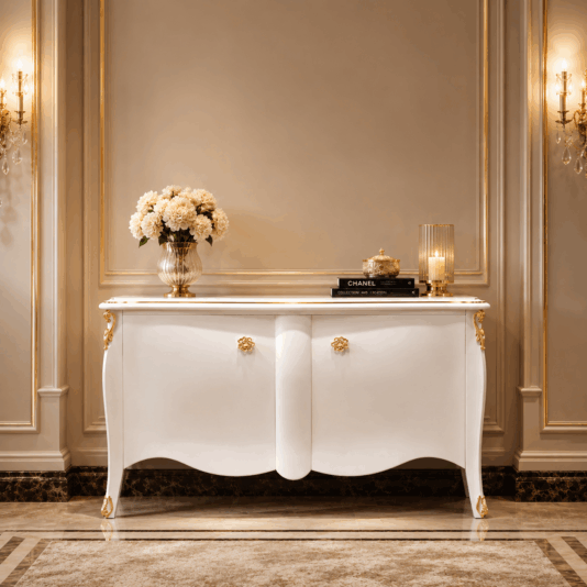 A luxurious white Classic Style Two Door Cabinet with gold accents stands against an ornate beige wall, topped with a vase of white flowers, books, a decorative box, and a candle illuminated by elegant wall sconces.