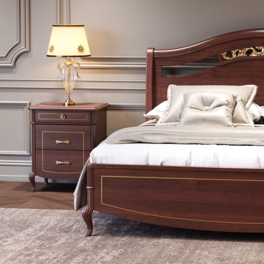 Classic Style Cherrywood Bedside Cabinet A classic wooden bed with gold accents and white bedding stands next to a Classic Style Cherrywood Bedside Cabinet, which is topped with a decorative lamp for an elegant, timeless bedroom look.