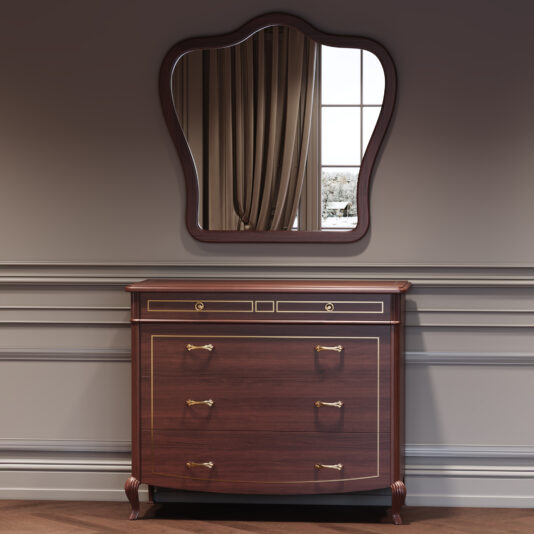 The Classic Style Cherrywood Curved Mirror reflects beige curtains, a window showing a snowy scene, and decorative wall moulding. It sits atop a cherrywood dresser with gold handles for an elegant classic look.