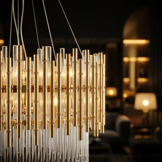 A close-up of the Contemporary Bamboo Glass and Soft Gold Chandelier, featuring vertical gold and glass rods warmly lit, with a blurred background showcasing elegant furniture and additional warm lighting.