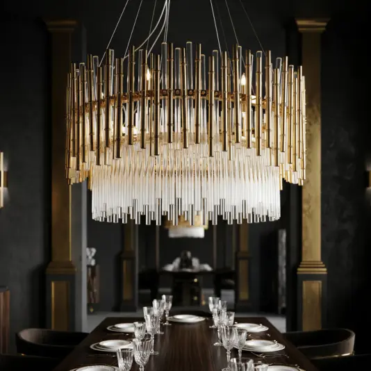 A luxurious dining room features the Contemporary Bamboo Glass and Soft Gold Chandelier above a polished wooden table set for dining, framed by dark walls and gold pillars.